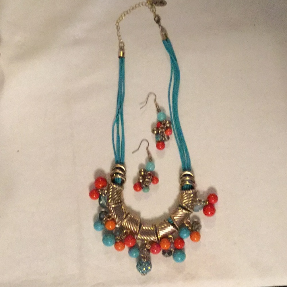 Turquoise and orange necklace and earrings
